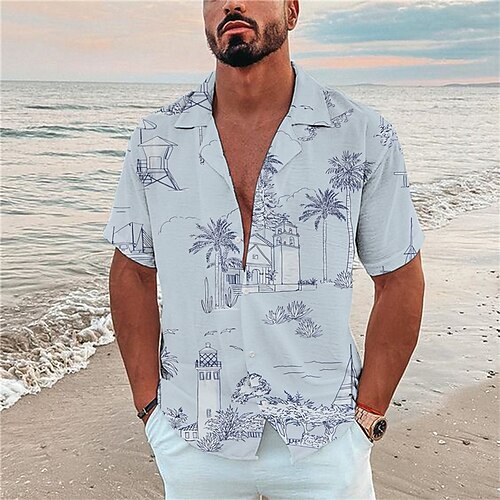 

Men's Shirt 3D Print Coconut Tree Turndown Street Casual Button-Down Print Short Sleeve Tops Designer Casual Fashion Breathable Gray / Summer