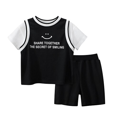 

2 Pieces Kids Boys T-shirt & Shorts ShortsSet Clothing Set Outfit Letter Short Sleeve Crewneck Set Street Casual Street Style Spring Summer 3-10 Years Black Blue Gray