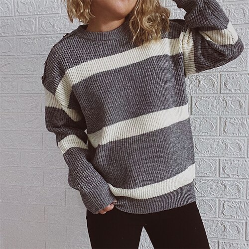 

Women's Pullover Sweater Jumper Crochet Knit Knitted Button Striped Crew Neck Stylish Casual Daily Holiday Fall Winter White Black S M L / Long Sleeve