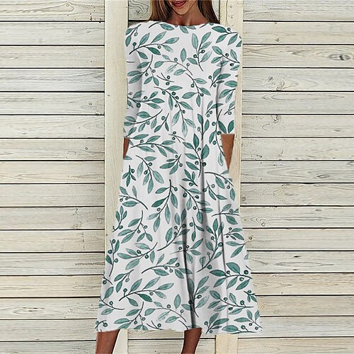 

Women's Shift Dress Midi Dress Green Blue Purple 3/4 Length Sleeve Print Ruched Print Fall Spring Round Neck Casual Vacation 2022 S M L XL XXL 3XL