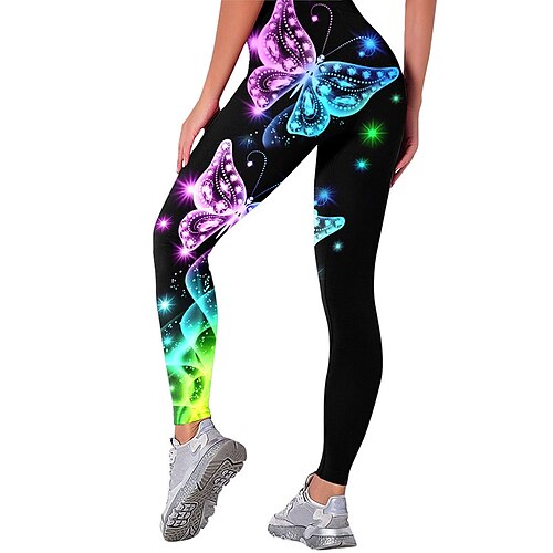 

Women's Yoga Pants Tummy Control Butt Lift High Waist Yoga Fitness Gym Workout Leggings Bottoms Butterfly Light Yellow Violet WhiteYellow Sports Activewear High Elasticity Skinny / Athletic