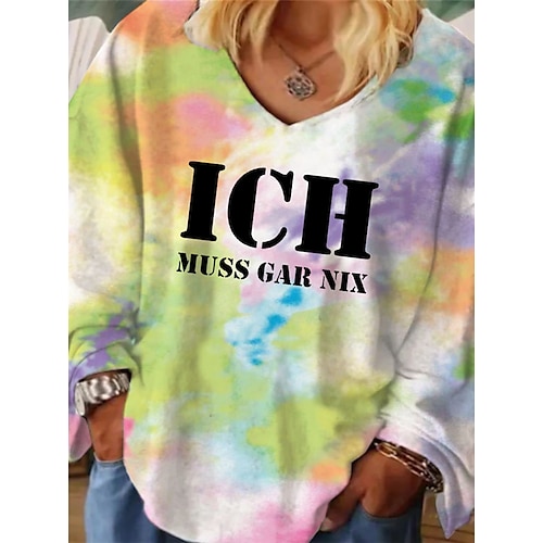 

Women's Plus Size Tops T shirt Tee Tie Dye Letter Print Long Sleeve V Neck Streetwear Daily Vacation Cotton Spandex Jersey Fall Spring Rainbow