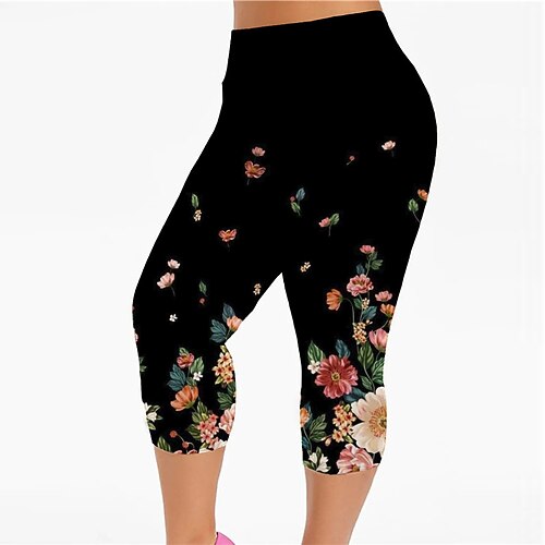 

Women's Plus Size Leggings Capri shorts Print Floral Sporty Casual Casual Daily High Calf-Length Fall Spring Black XL XXL 3XL 4XL 5XL