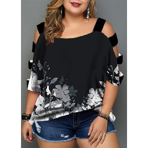 

Women's Plus Size Tops Blouse Shirt Floral Cut Out Print Half Sleeve V Neck Streetwear Daily Going out Polyester Spring Summer Black Gray