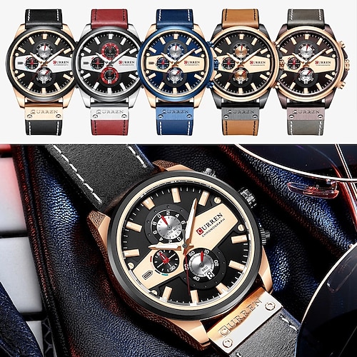 

CURREN Quartz Watch for Men Analog Quartz Stylish Stylish Waterproof Calendar Fake Three Eyes Six Needles Alloy PU Leather Fashion