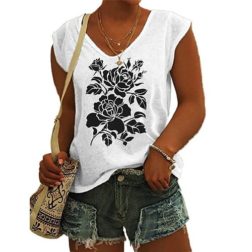 

Women's Plus Size Tops Tank Top Floral Print Sleeveless V Neck Streetwear Daily Holiday Cotton Spandex Jersey Spring Summer White