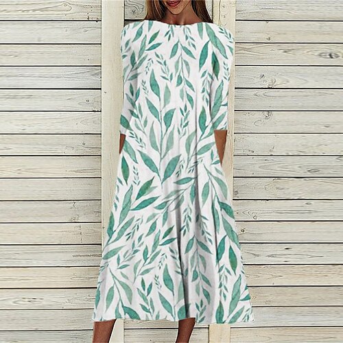 

Women's Shift Dress Midi Dress Green Blue Gray 3/4 Length Sleeve Print Ruched Print Fall Spring Round Neck Casual Vacation 2022 S M L XL XXL 3XL