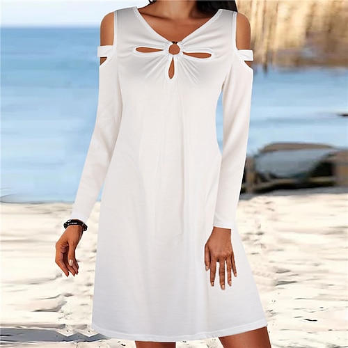 

Women's A Line Dress Short Mini Dress White Black Gray Long Sleeve Pure Color Cold Shoulder Fall Spring V Neck Casual Classic 2022 S M L XL XXL