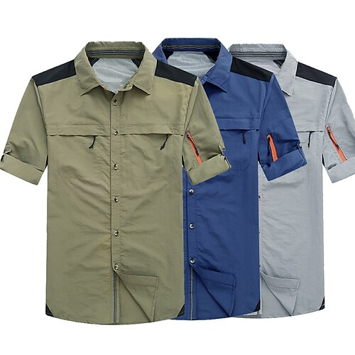 

Men's Hiking Shirt Summer Outdoor Patchwork Waterproof Windproof Ventilation Breathable Outerwear Windbreaker Trench Coat Fishing Climbing Beach Light Green Grey Dark Navy / Quick Dry / Lightweight