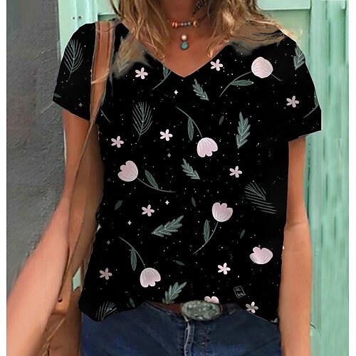 

Women's T shirt Tee Flower Casual Floral T shirt Tee Short Sleeve Print V Neck Vintage Green S / 3D Print