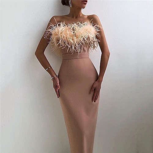 

Women's Party Dress Feather Dress Bodycon Midi Dress Pink Beige Sleeveless Pure Color Backless Spring Summer Spaghetti Strap Mature Slim 2022 S M L XL XXL
