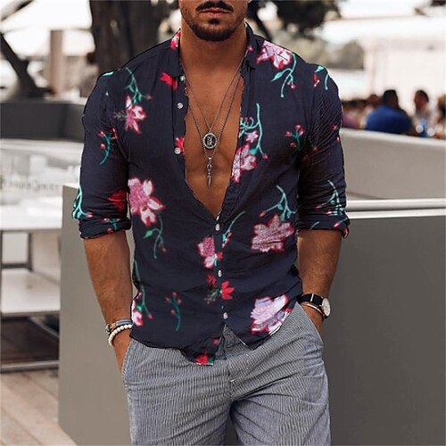 

Men's Shirt Graphic Shirt Graphic Floral Turndown Navy Blue 3D Print Street Daily Long Sleeve 3D Button-Down Clothing Apparel Fashion Designer Casual Comfortable