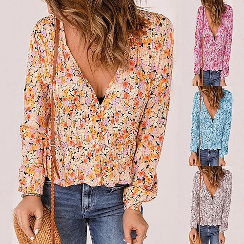 

Damenoberteile lässig gewebtes, langärmliges Oberteil mit Blumenmuster, neuer Herbst- und Winterdruck, Taille, plissiertes, langärmliges Blusenhemd