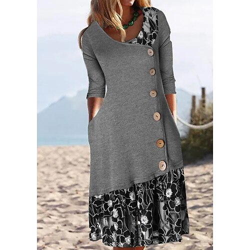

Women's A Line Dress Midi Dress Gray Half Sleeve Floral Button Print Spring Summer U Neck Stylish Casual 2022 S M L XL XXL 3XL 4XL