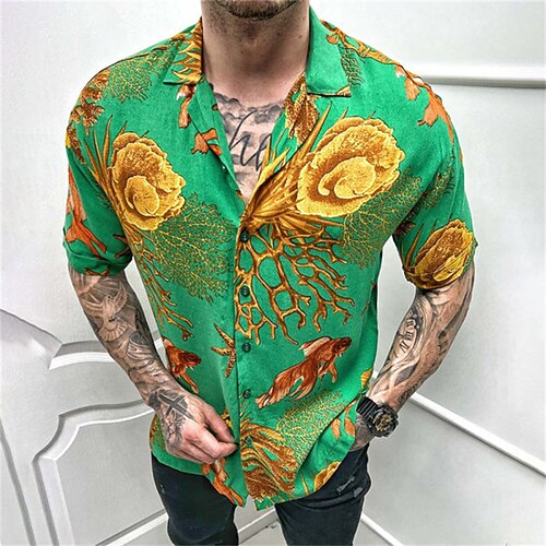 

Men's Shirt Print Floral Turndown Street Daily Button-Down Print Short Sleeve Tops Casual Fashion Breathable Comfortable Green