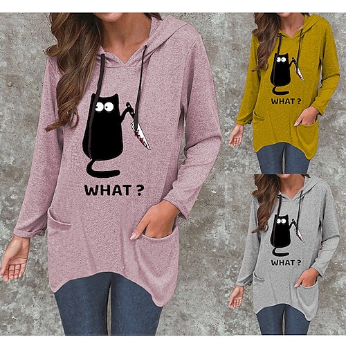 

Damen Hoodie Sweatshirt Kapuze Zur Seite fahren Strassenmode Casual Tasche Katzenohr Bedruckt Gelb Rosa Blau Katze Text Casual Mit Kapuze Langarm