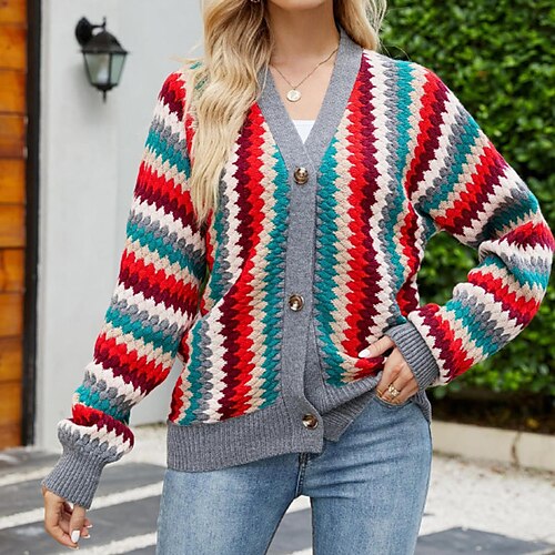

Women's Cardigan Sweater Jumper Cable Knit Knitted Striped V Neck Stylish Casual Home Going out Fall Winter Gray S M L / Long Sleeve