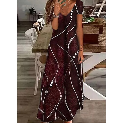 

Women's Shift Dress Maxi long Dress Green Wine Short Sleeve Geometric Pocket Print Spring Summer V Neck Elegant Casual Vacation 2022 S M L XL XXL 3XL