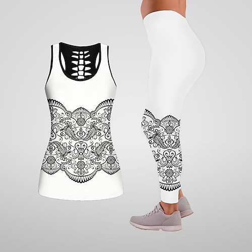 

21Grams Women's Yoga Suit Yoga Set 3D Set 2 Piece Fashion Cropped Leggings Tank Top Clothing Suit rice white White Yoga Fitness Gym Workout Tummy Control Butt Lift Breathable Sleeveless Sport