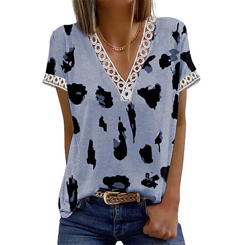 

Women's T shirt Tee Graphic Patterned Casual Daily Holiday T shirt Tee Short Sleeve Patchwork Lace Trims Print V Neck Basic Essential Blue Gray Pink S / 3D Print