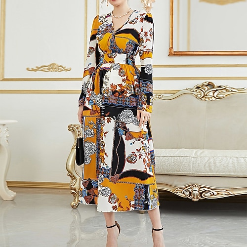 

Women's A Line Dress Maxi long Dress Yellow Long Sleeve Floral Print Fall Spring V Neck Stylish Modern 2022 S M L XL