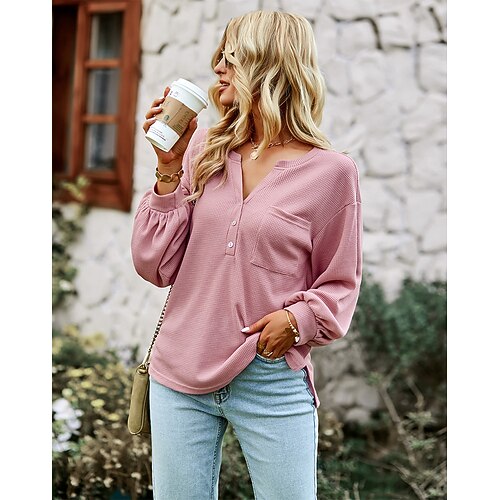 

Women's Shirt Plain Daily Weekend Shirt Long Sleeve Pocket Button V Neck Casual Streetwear Green Black Pink S