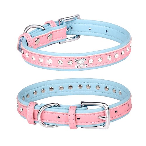 

Halloween Dog Pets Collar Portable Durable Safety Outdoor Walking Color Block Skull Rhinestone PU Leather Blue 1pc
