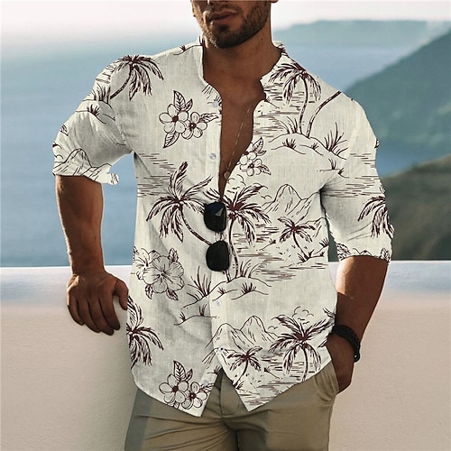 

Men's Shirt Graphic Shirt Floral Stand Collar Beige 3D Print Outdoor Street Long Sleeve Button-Down Print Clothing Apparel Fashion Designer Casual Breathable / Summer / Spring / Summer