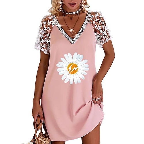 

Women's Shift Dress Short Mini Dress Light Pink Gray Pink Short Sleeve Floral Lace Print Spring Summer V Neck Casual Modern Loose 2022 S M L XL XXL