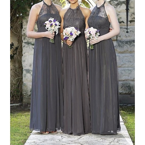 

A-Line Bridesmaid Dress Halter Neck Sleeveless Elegant Floor Length Chiffon / Lace with Pleats / Appliques 2022