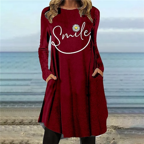 

Women's Shift Dress Knee Length Dress Gray Royal Blue Red Long Sleeve Floral Letter Pocket Print Fall Spring Crew Neck Casual Vacation 2022 S M L XL XXL 3XL