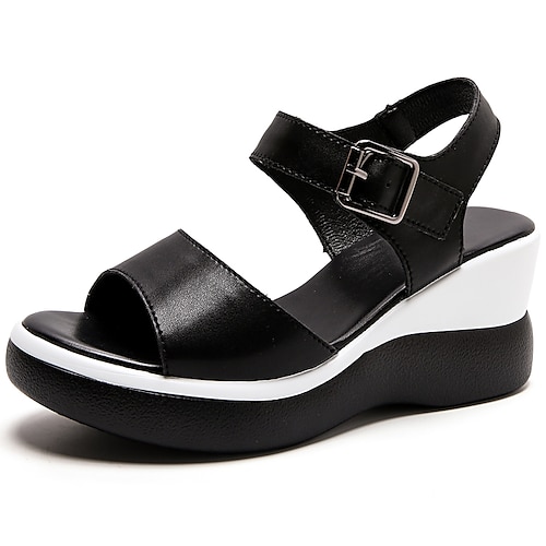 

Women's Sandals Wedge Sandals Platform Wedge Heel Open Toe Casual Minimalism Daily Walking Shoes Leather Loafer Spring Summer Solid Colored White Black