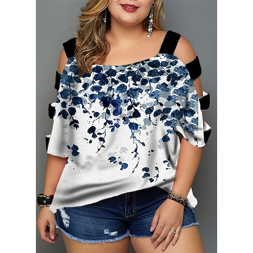 

Women's Plus Size Tops Blouse Shirt Floral Cut Out Print Half Sleeve V Neck Streetwear Daily Going out Polyester Spring Summer Green White