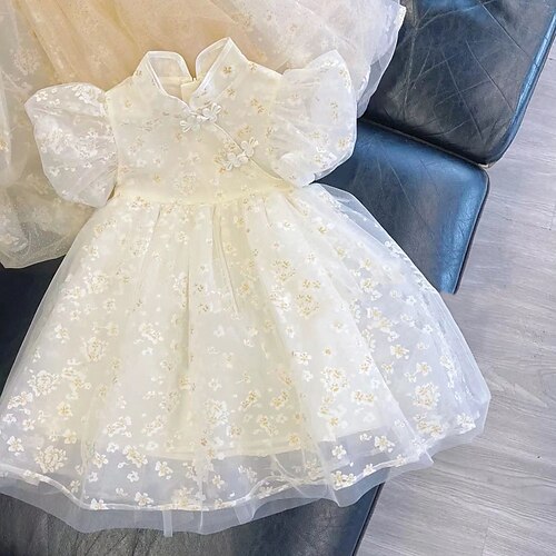 

Kids Little Girls' Dress Floral A Line Dress Party Birthday Embroidered Puff Sleeve Beige Asymmetrical Short Sleeve Princess Cute Dresses Spring Summer Regular Fit 2-8 Years
