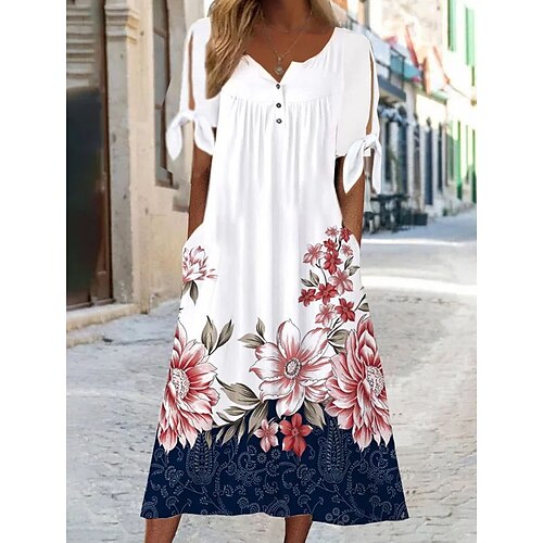 

Robe mi-longue Femme Robe casual Manche Courte Printemps Eté - Mode à la mode Casual Ruché Imprimer Floral Col V Fin de semaine Coton 2023 Blanche S M L XL XXL 3XL