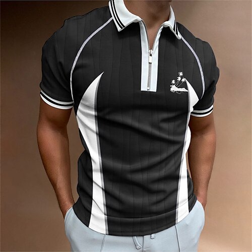 

Men's Collar Polo Shirt Golf Shirt Coconut Tree Turndown Green Black 3D Print Outdoor Street Short Sleeves Zipper Print Clothing Apparel Fashion Designer Casual Breathable / Summer / Spring / Summer