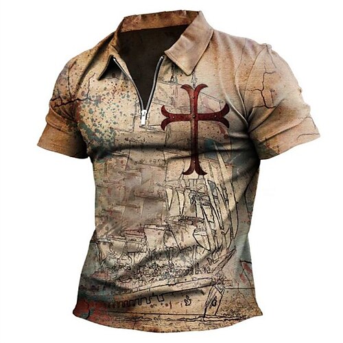 

Men's Collar Polo Shirt Golf Shirt Map Turndown Brown 3D Print Street Daily Short Sleeve Zipper 3D Clothing Apparel Fashion Casual Breathable Comfortable / Beach