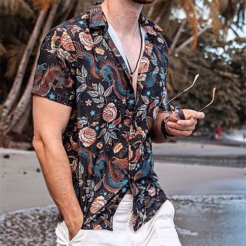 

Hombre Camisa Graphic Floral Cuello Vuelto Negro y Rojo Impresión 3D Calle Diario Manga Corta 3D Abotonar Ropa Moda Casual Cómodo / Playa