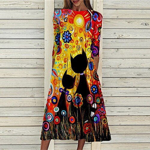 

Women's Shift Dress Midi Dress Yellow 3/4 Length Sleeve Cat Animal Ruched Print Fall Spring Round Neck Casual Vacation 2022 S M L XL XXL 3XL