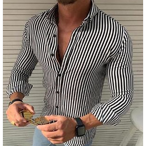 

Men's Shirt non-printing Striped Santa Claus Elk Turndown Christmas Party Button-Down Long Sleeve Tops Casual Slim Fit Black Yellow Red / Summer
