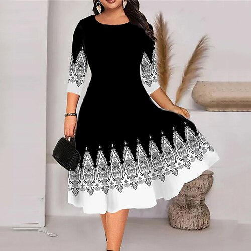 

Women's Plus Size Holiday Dress Geometric Crew Neck Print 3/4 Length Sleeve Spring Fall Work Midi Dress Daily Vacation Dress