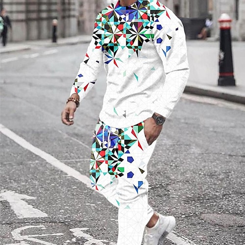 

Men's Tracksuit Hoodies Set Graphic Patterned Geometric 2 Piece Print Sports Outdoor Casual Sports 3D Print Sportswear Basic Essential Hoodies Sweatshirts Green White Black
