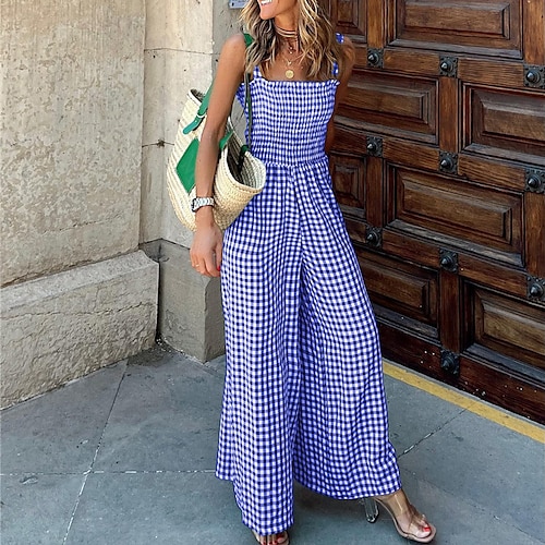 

Women's Jumpsuit Backless Print Plaid Square Neck Streetwear Street Going out Regular Fit Sleeveless Green Blue Red S M L Spring