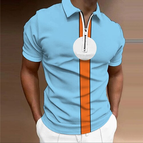 

Men's Collar Polo Shirt Golf Shirt Letter Striped Turndown Blue 3D Print Casual Daily Short Sleeve Zipper Print Clothing Apparel Fashion Designer Casual Breathable / Sports