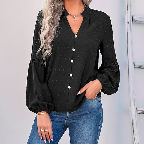 

Mulheres Camisa Social Blusa Preto Verde Tropa Bege Tecido Botão Manga Longa Escritório Trabalho Roupa de rua Casual Decote V Padrão S