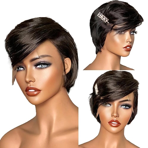 

Short Pixie Wig Cut Bob 13X4X1Lace Front Human Hair Wigs Side Part Preplucked Wigs For Women Brazilian Remy Natural Color Side Part Brazilian Hair Straight Black Wig