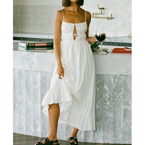 

Women's A Line Dress Midi Dress White Sleeveless Pure Color Backless Patchwork Cold Shoulder Summer Spaghetti Strap Casual Fashion Modern 2022 S M L XL