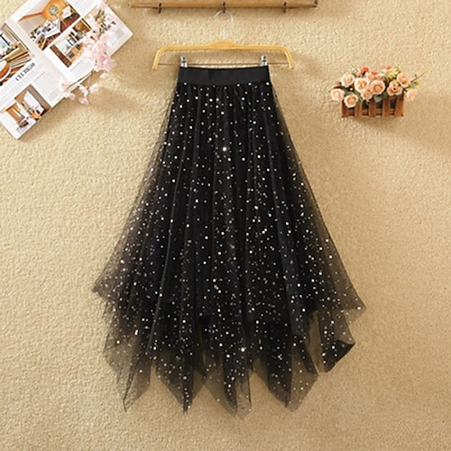 

Women's Skirt Swing Asymmetrical Organza Pink Beige Gray Black Skirts Sequins Pleated Layered Fashion Halloween Casual Daily One-Size / Loose Fit