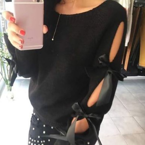 

Women's Pullover Sweater Jumper Ribbed Knit Hollow Out Knitted Pure Color Crew Neck Stylish Casual Daily Holiday Fall Winter Black Gray S M L / Long Sleeve