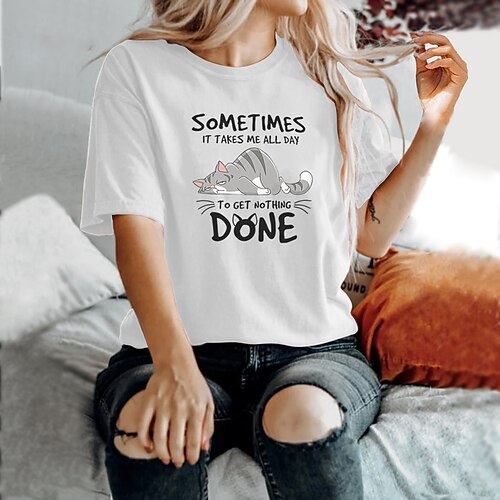

Women's T shirt Tee Cat Text Casual Weekend Cat Animal Painting T shirt Tee Short Sleeve Print Round Neck Basic Essential White Pink Yellow S